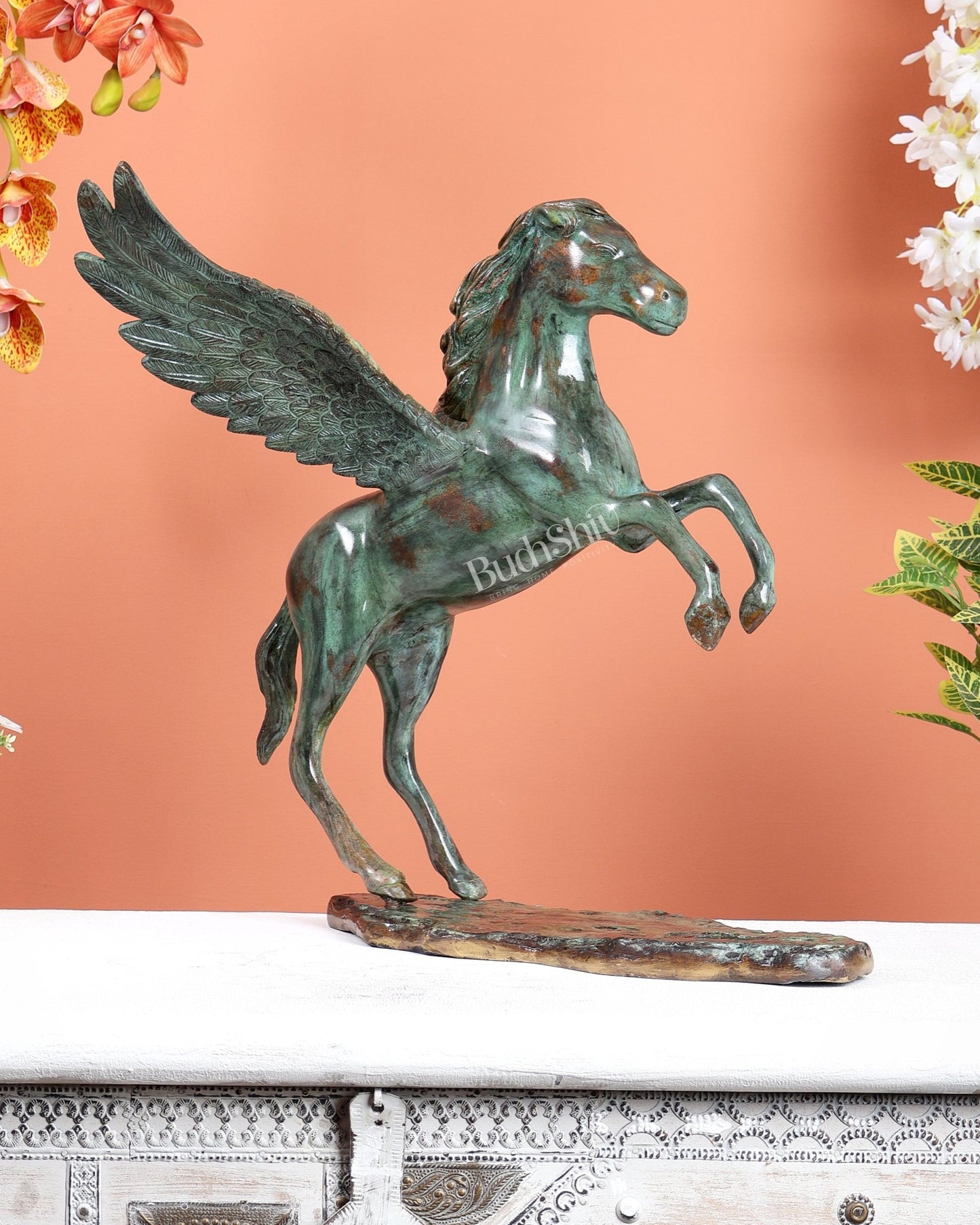 Brass Uchchaihshravas Horse Statue – Mottled Deep Celestial Green 16.5" - Budhshiv.com
