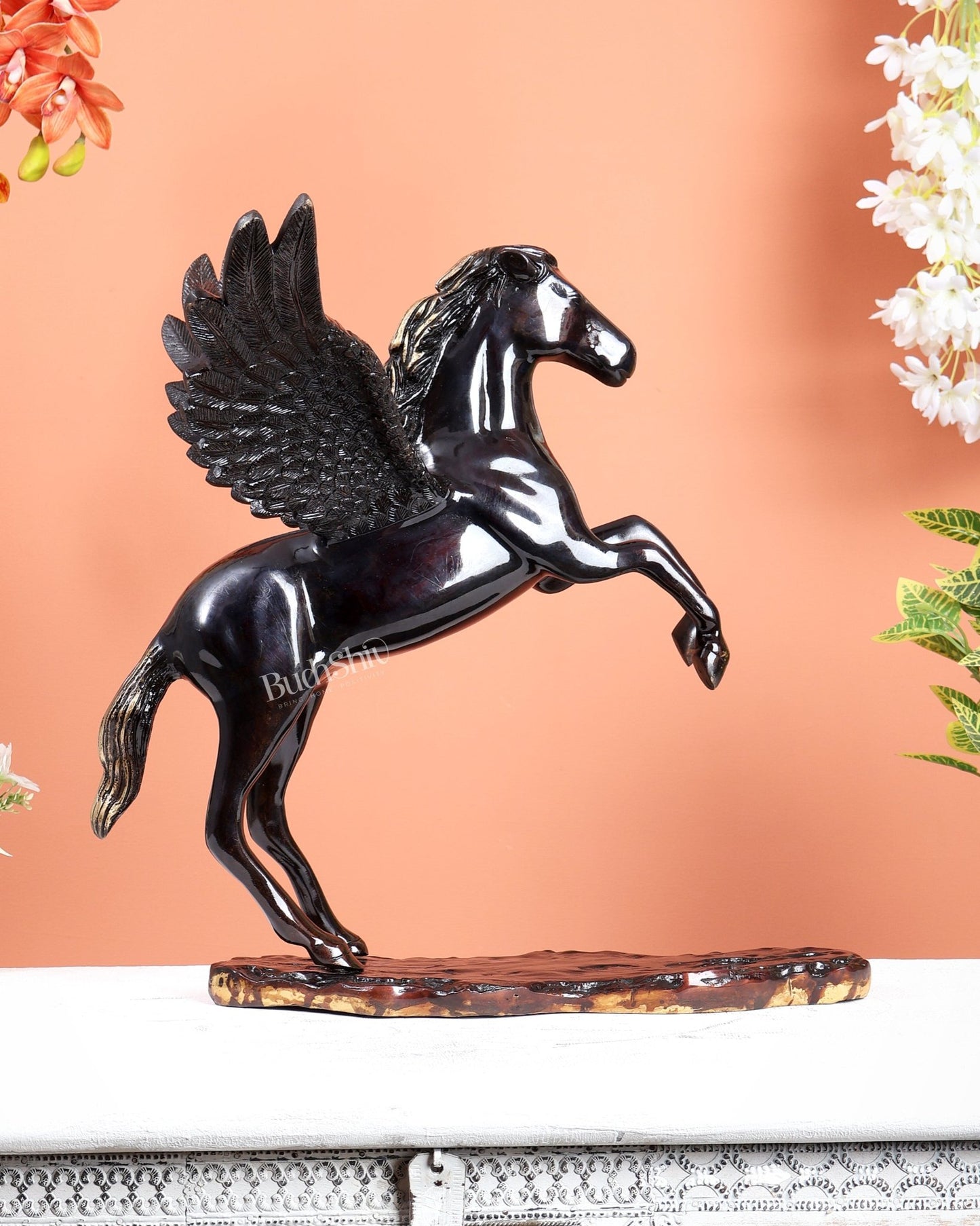 Brass Uchchaihshravas Horse Statue – Piano Black Finish Celestial Pegasus Inspired Sculpture (16.5 Inches) - Budhshiv.com