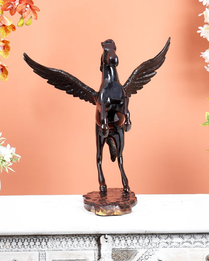 Brass Uchchaihshravas Horse Statue – Piano Black Finish Celestial Pegasus Inspired Sculpture (16.5 Inches) - Budhshiv.com
