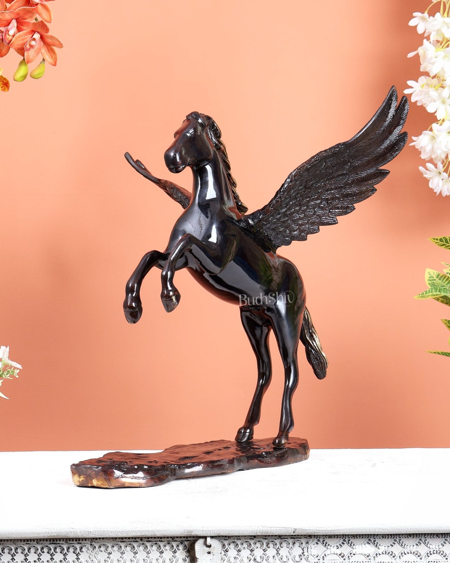 Brass Uchchaihshravas Horse Statue – Piano Black Finish Celestial Pegasus Inspired Sculpture (16.5 Inches) - Budhshiv.com