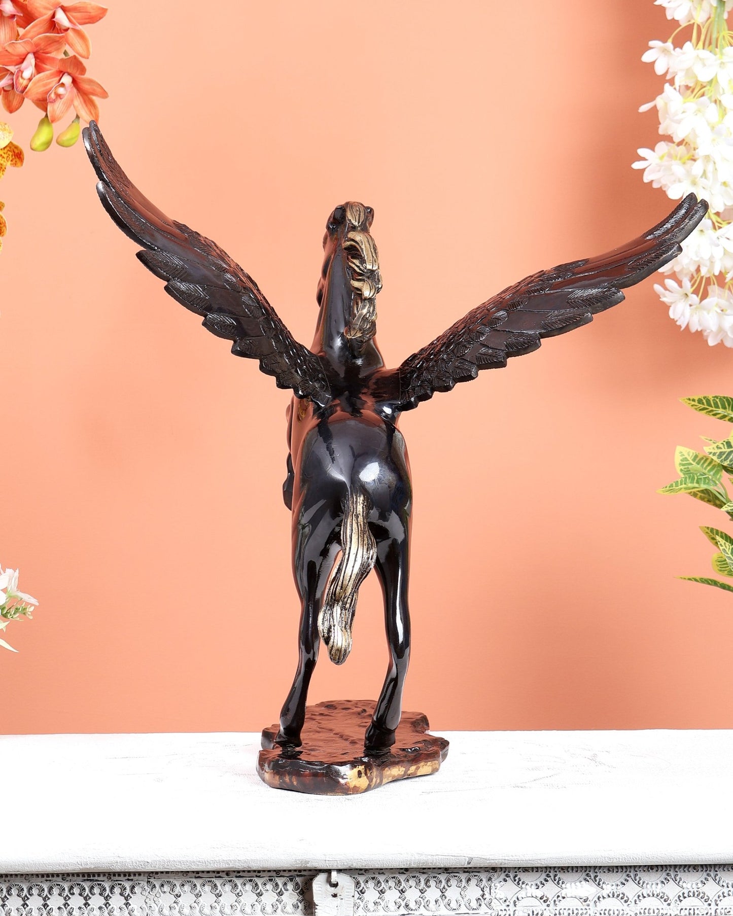 Brass Uchchaihshravas Horse Statue – Piano Black Finish Celestial Pegasus Inspired Sculpture (16.5 Inches) - Budhshiv.com