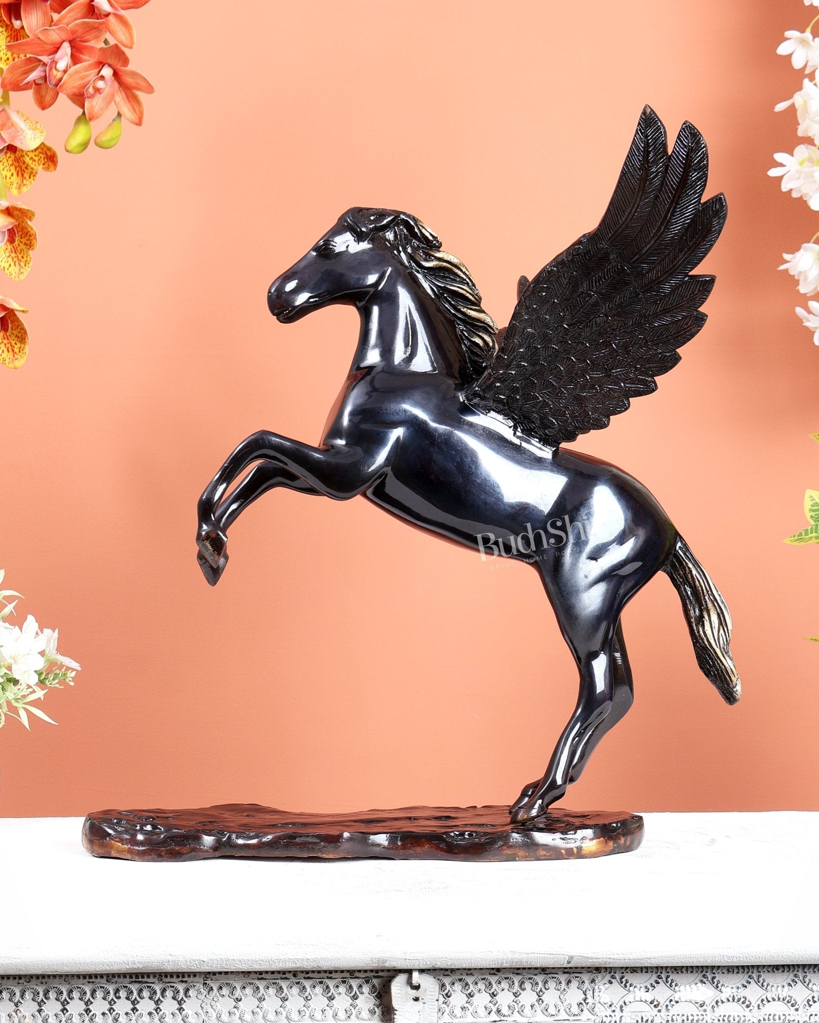 Brass Uchchaihshravas Horse Statue – Piano Black Finish Celestial Pegasus Inspired Sculpture (16.5 Inches) - Budhshiv.com