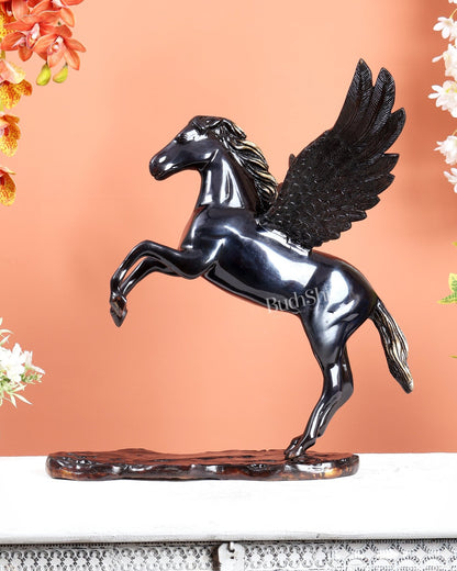 Brass Uchchaihshravas Horse Statue – Piano Black Finish Celestial Pegasus Inspired Sculpture (16.5 Inches) - Budhshiv.com