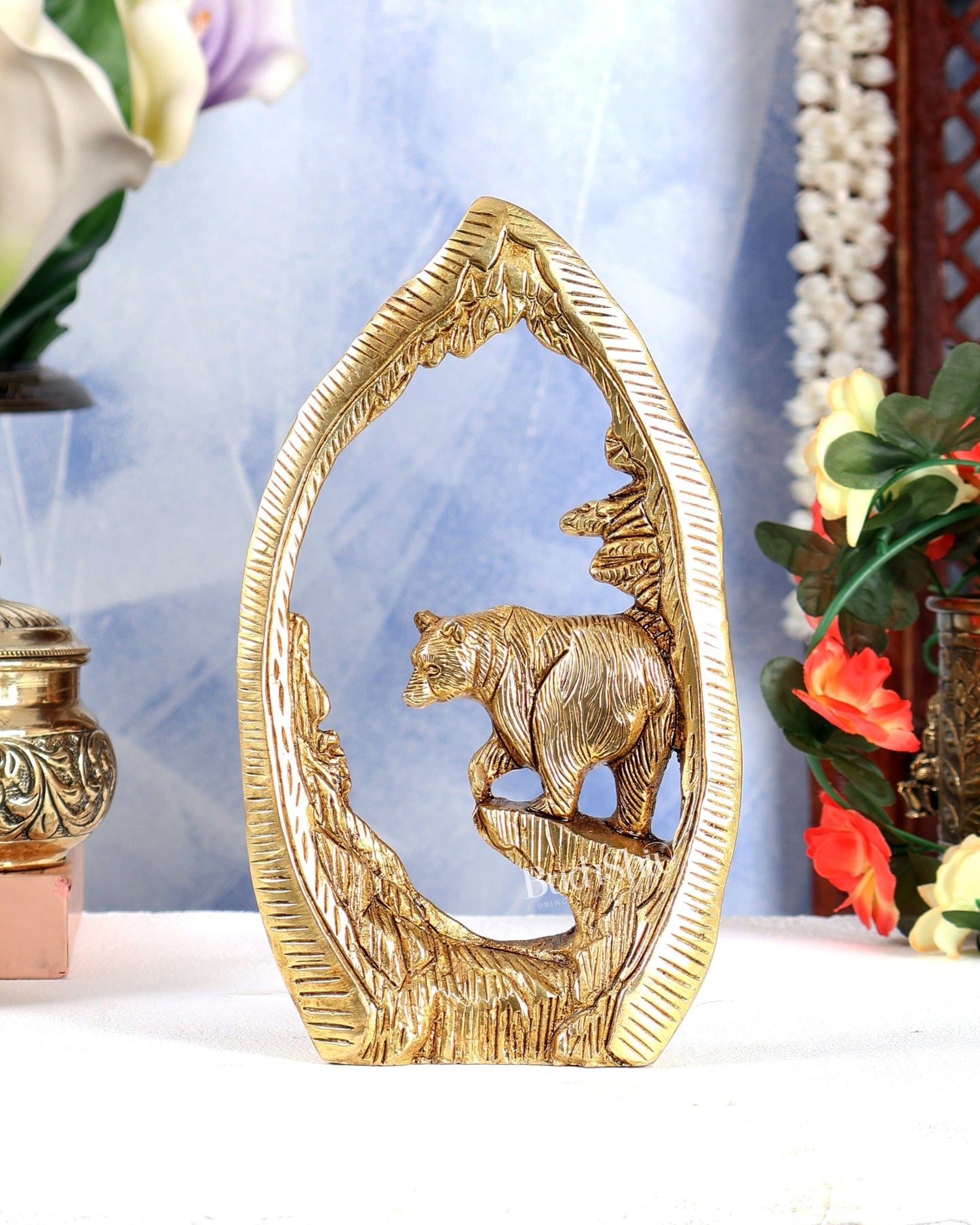 Brass Unique Bear Showpiece – Handcrafted Wildlife Home Décor Sculpture 7.5 inch - Budhshiv.com