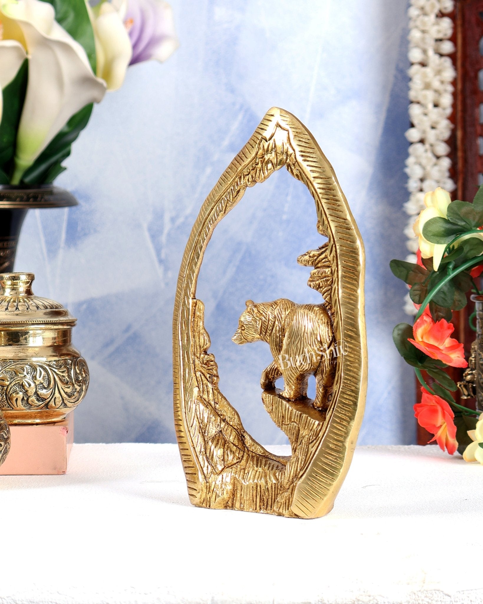 Brass Unique Bear Showpiece – Handcrafted Wildlife Home Décor Sculpture 7.5 inch - Budhshiv.com