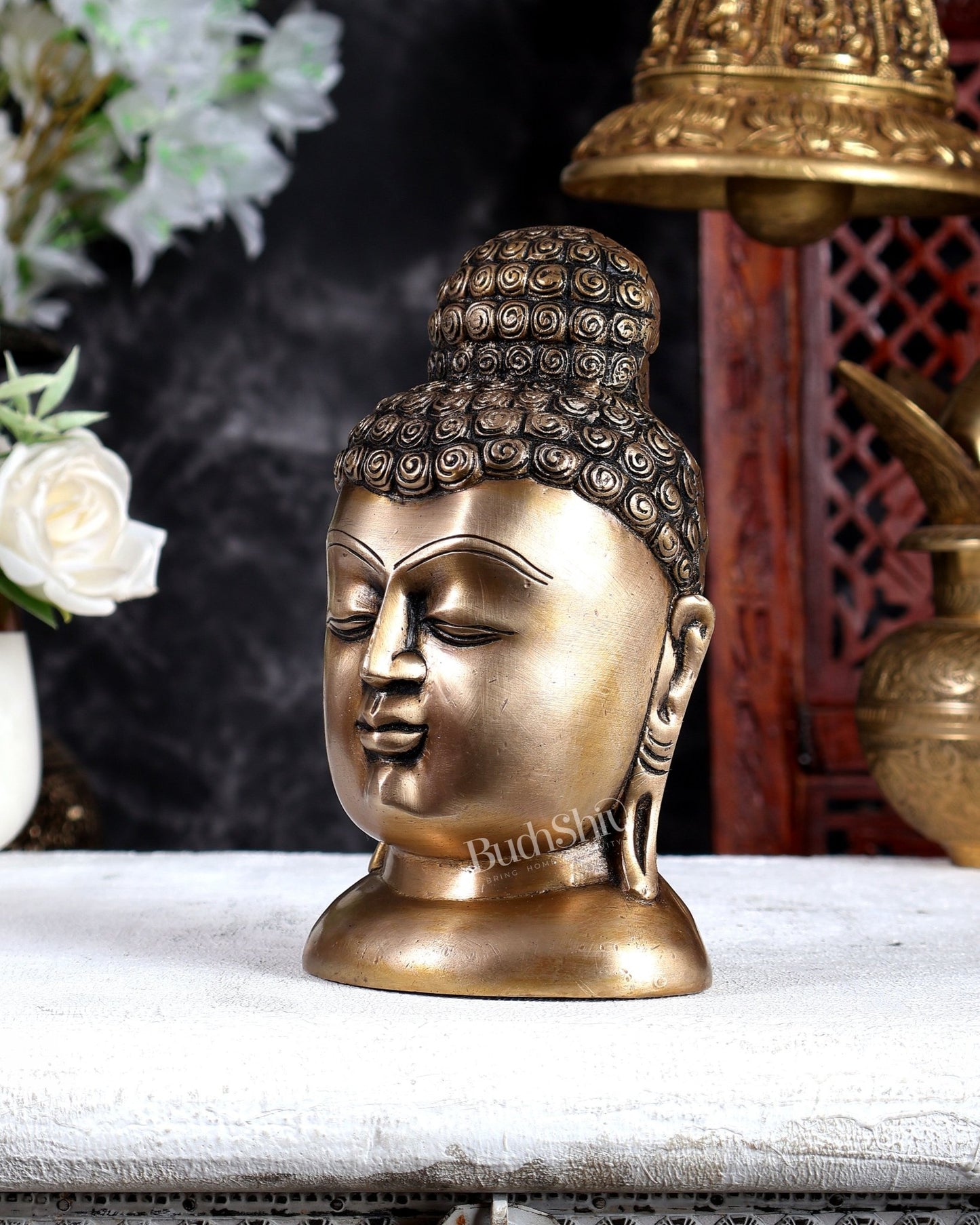 Brass Unique Buddha Face Statue – Handcrafted Meditative Spiritual Sculpture 6.5 inch - Budhshiv.com