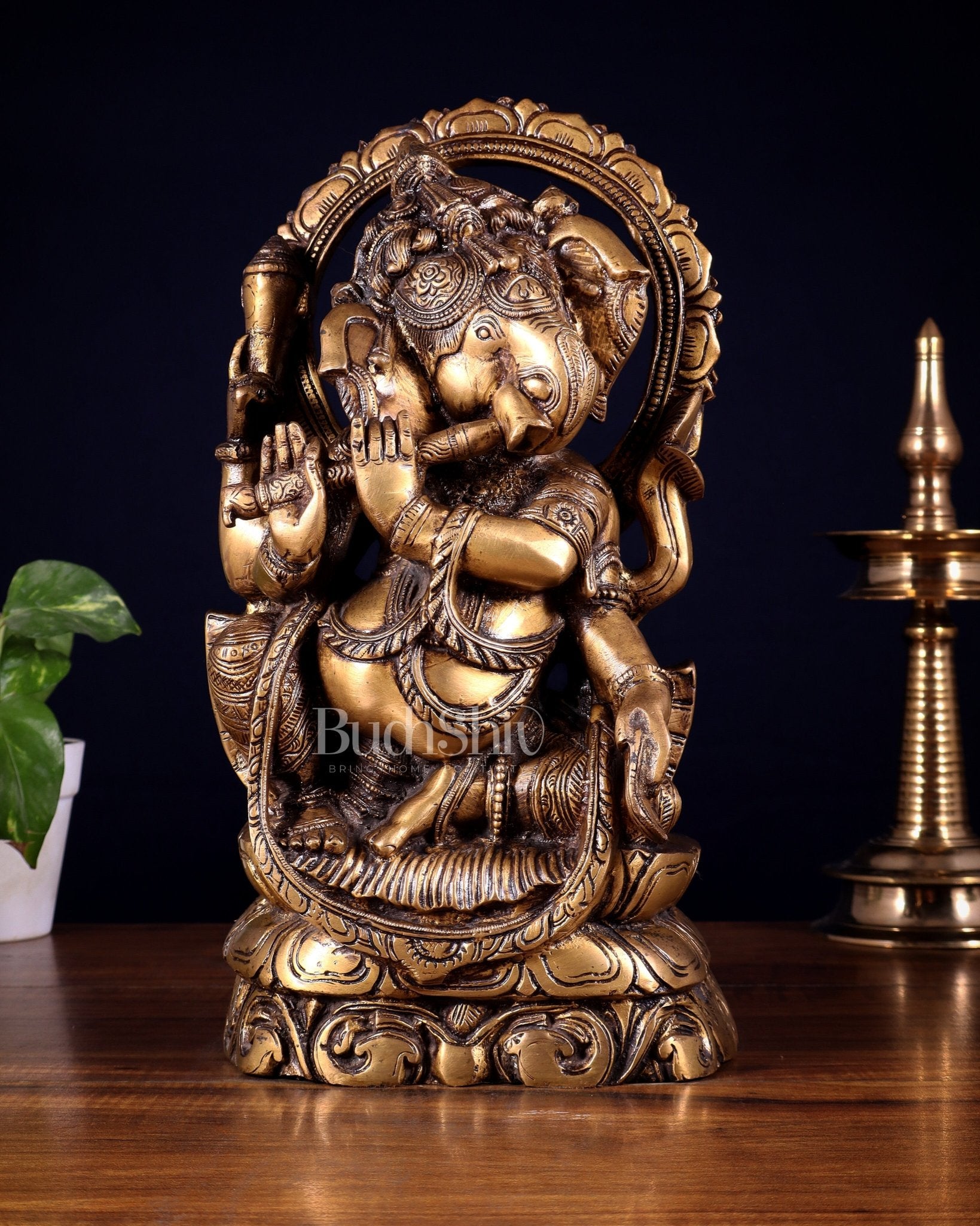 Brass Unique Ganesha Playing Flute statue | 13" Height - Budhshiv.com