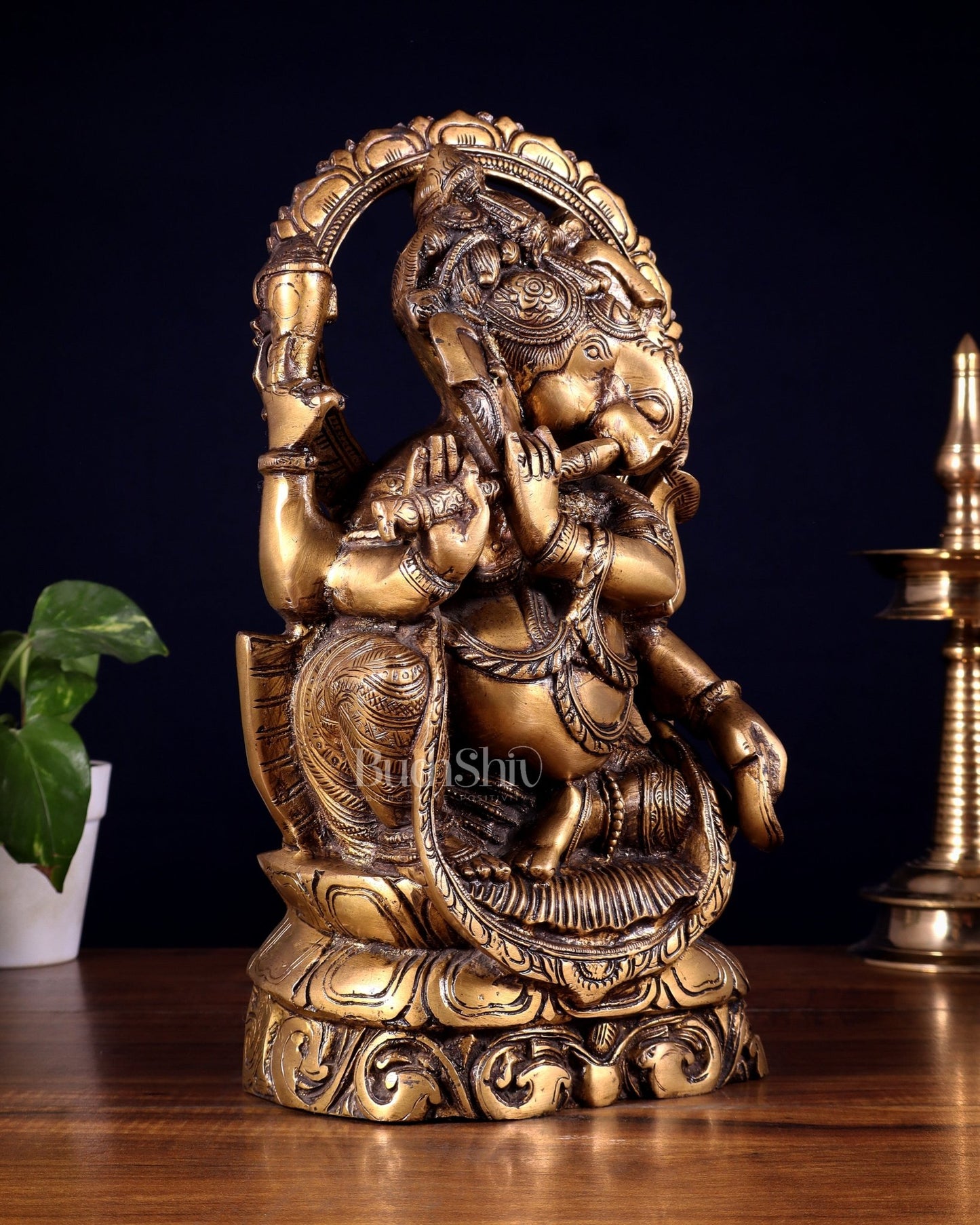 Brass Unique Ganesha Playing Flute statue | 13" Height - Budhshiv.com