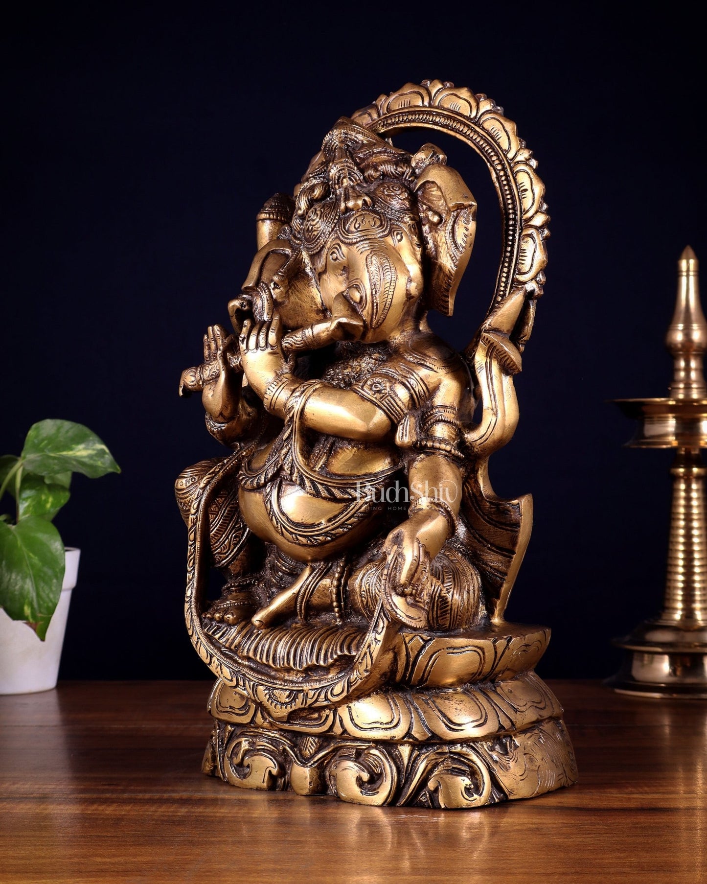 Brass Unique Ganesha Playing Flute statue | 13" Height - Budhshiv.com