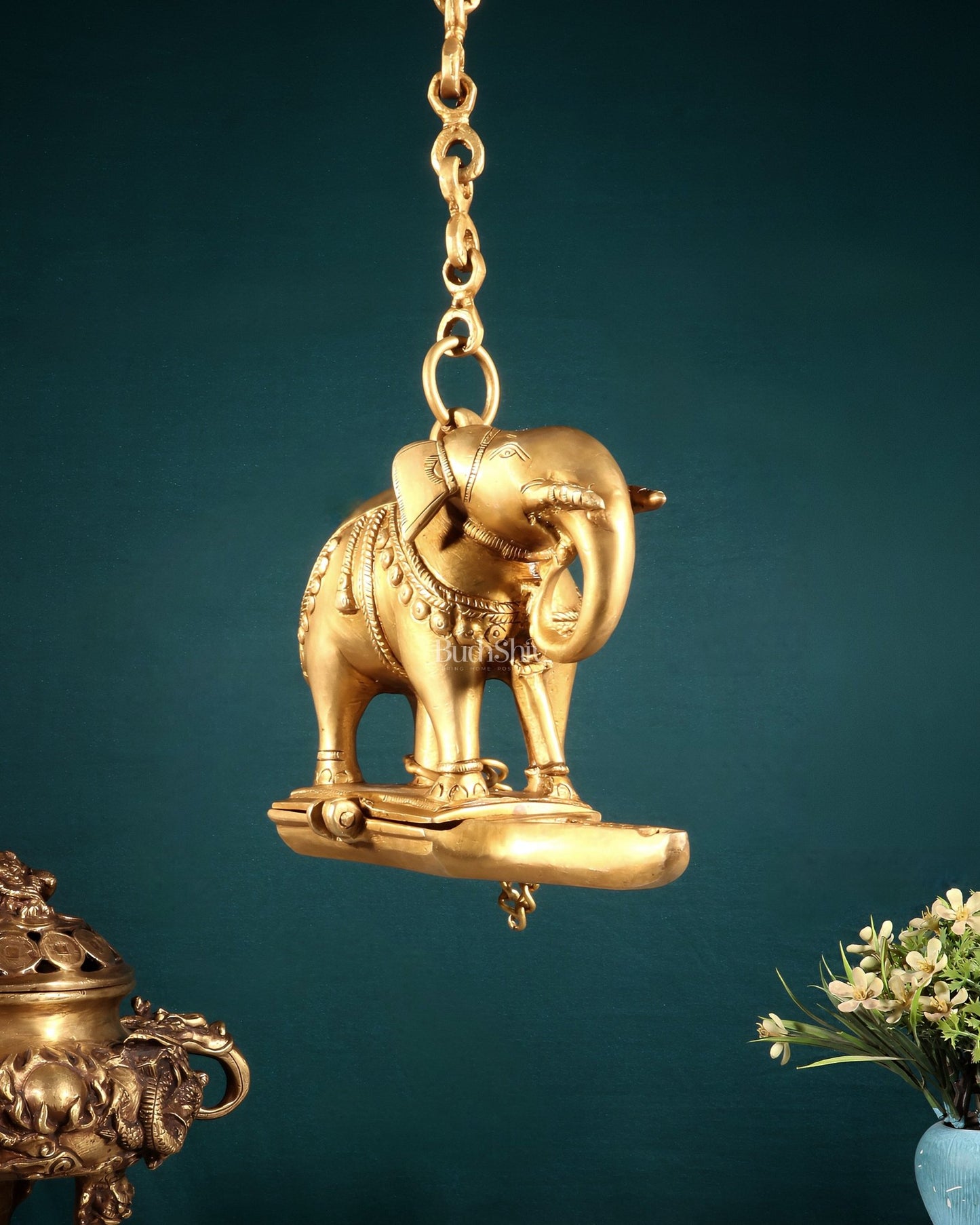 Brass Unique Hanging Elephant Lamp rolled trunk - Budhshiv.com