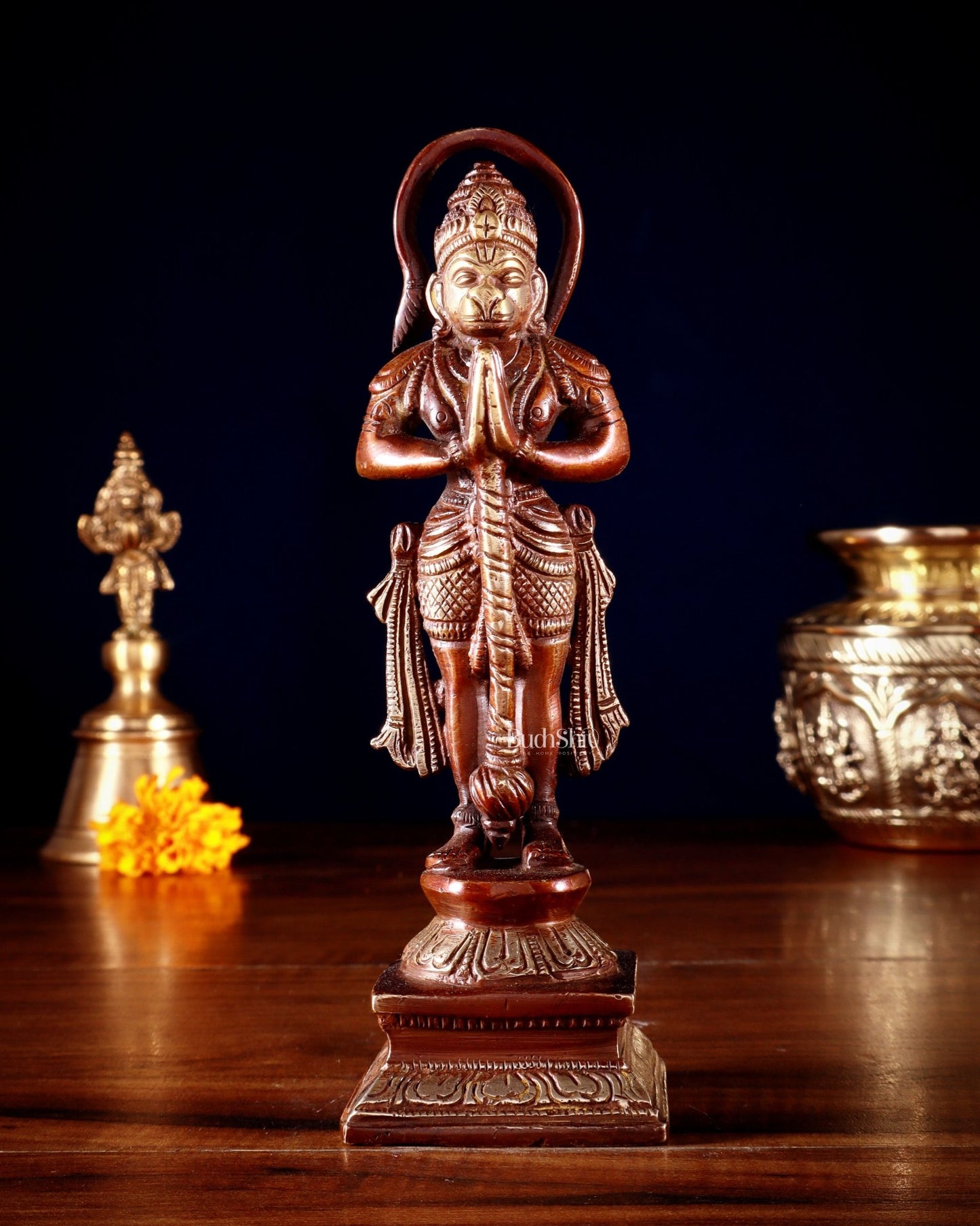 Brass Unique Hanuman Ji in Anjali Mudra Statue - 7" Tall double chola tone - Budhshiv.com