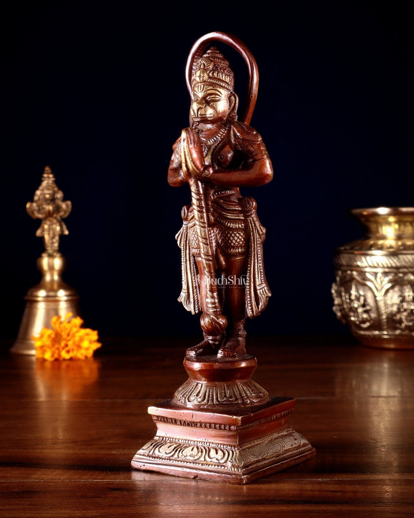 Brass Unique Hanuman Ji in Anjali Mudra Statue - 7" Tall double chola tone - Budhshiv.com