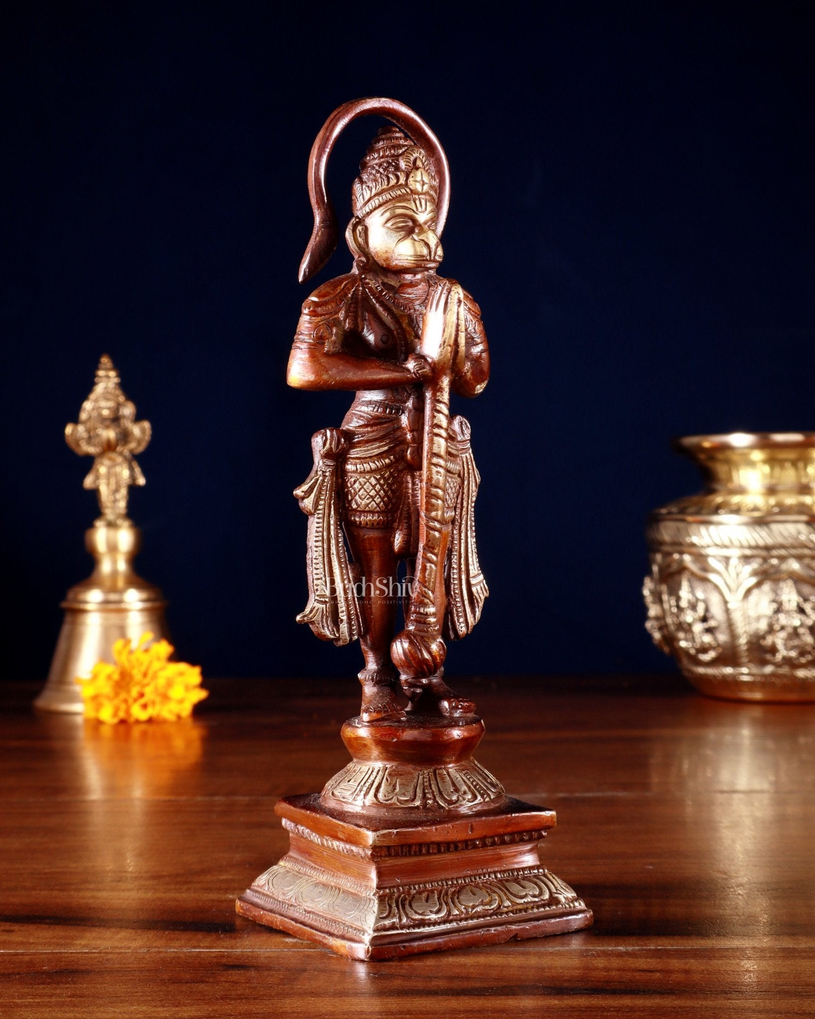Brass Unique Hanuman Ji in Anjali Mudra Statue - 7" Tall double chola tone - Budhshiv.com