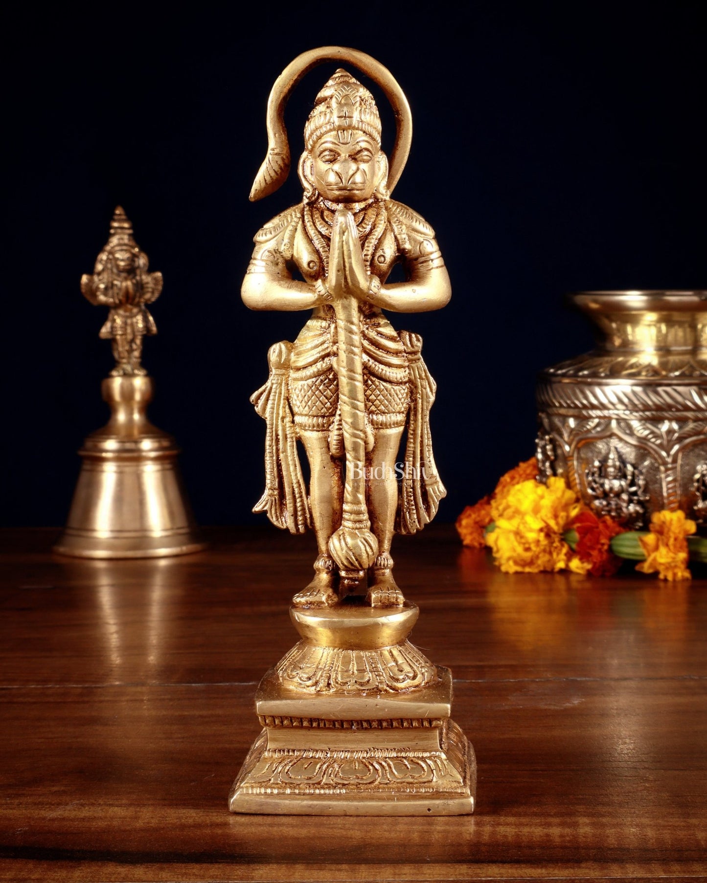 Brass Unique Hanuman Ji in Anjali Mudra Statue - 7" Tall - Budhshiv.com