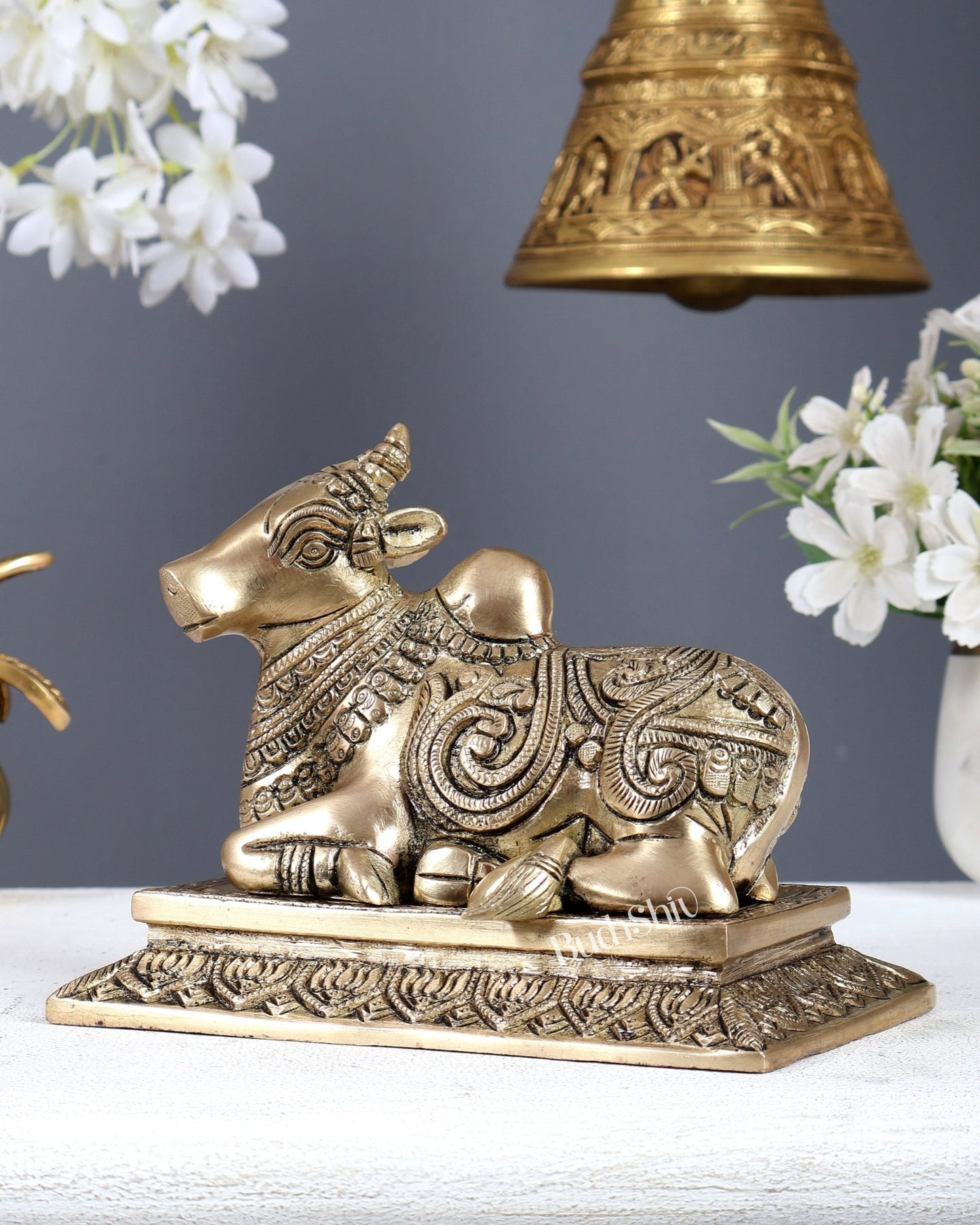 Brass Unique Nandi Statue with Carvings & Base – Sacred Shiva Vahan Idol (6 Inches) - Budhshiv.com