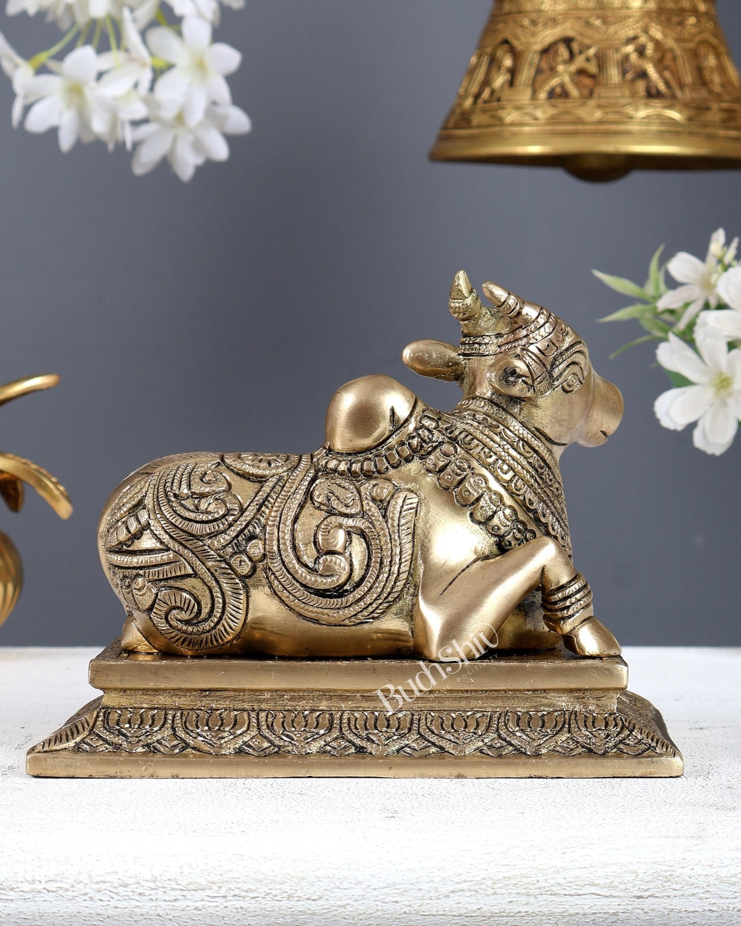 Brass Unique Nandi Statue with Carvings & Base – Sacred Shiva Vahan Idol (6 Inches) - Budhshiv.com