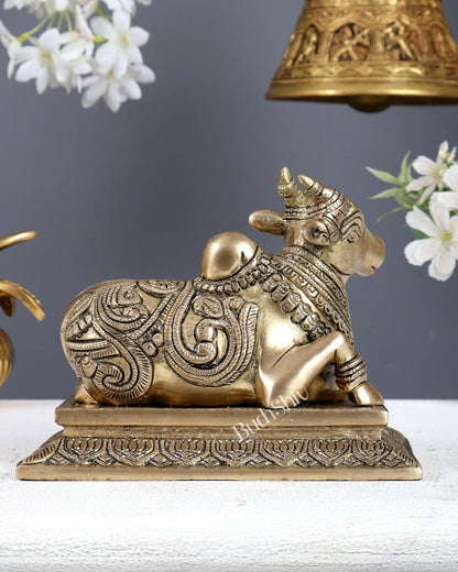 Brass Unique Nandi Statue with Carvings & Base – Sacred Shiva Vahan Idol (6 Inches) - Budhshiv.com