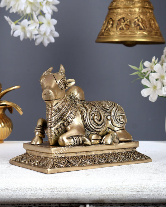Brass Unique Nandi Statue with Carvings & Base – Sacred Shiva Vahan Idol (6 Inches) - Budhshiv.com