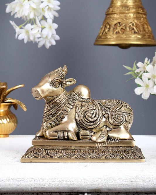 Brass Unique Nandi Statue with Carvings & Base – Sacred Shiva Vahan Idol (6 Inches) - Budhshiv.com