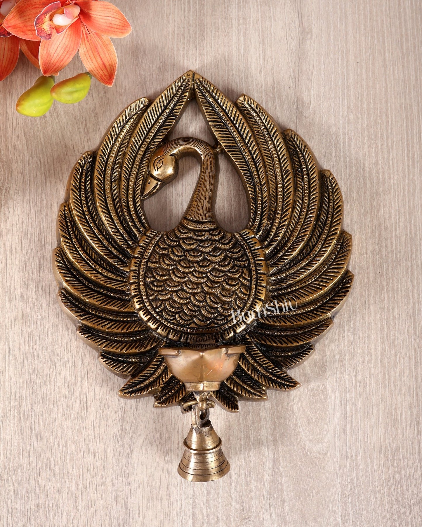 Brass Unique Peacock Wall Hanging Diya with Open Wings – Decorative Oil Lamp (9 Inches) - Budhshiv.com