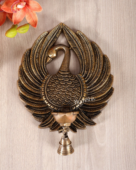 Brass Unique Peacock Wall Hanging Diya with Open Wings – Decorative Oil Lamp (9 Inches) - Budhshiv.com