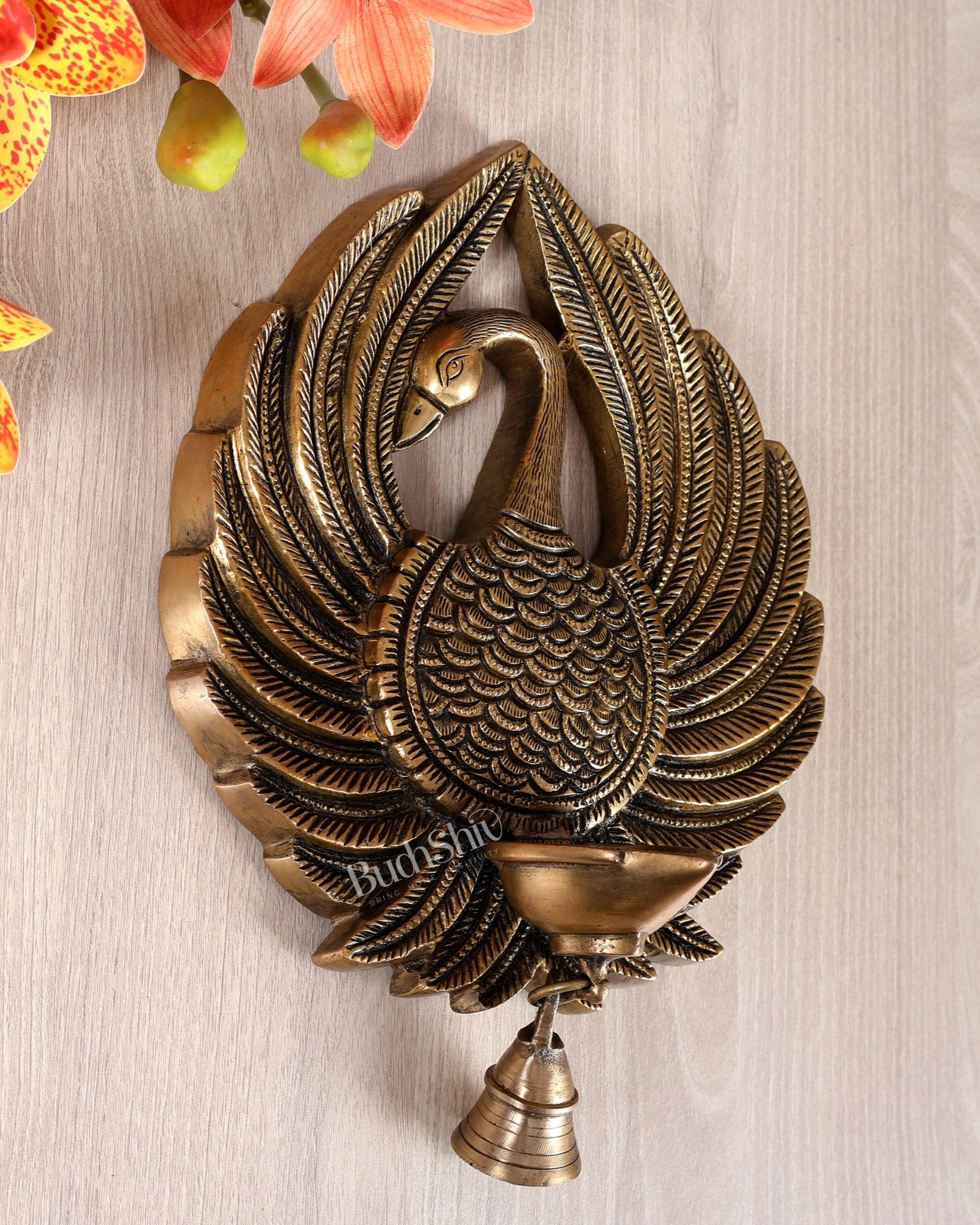 Brass Unique Peacock Wall Hanging Diya with Open Wings – Decorative Oil Lamp (9 Inches) - Budhshiv.com