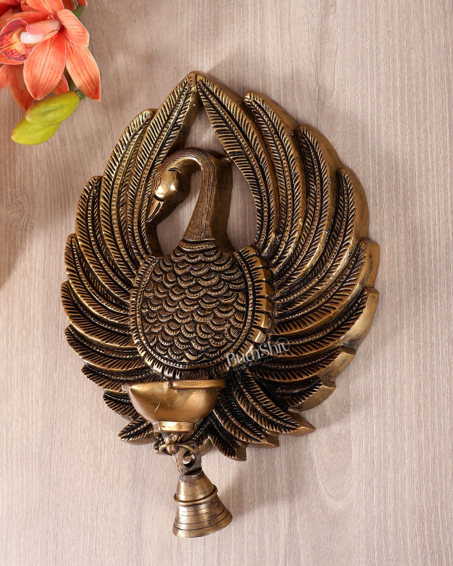 Brass Unique Peacock Wall Hanging Diya with Open Wings – Decorative Oil Lamp (9 Inches) - Budhshiv.com