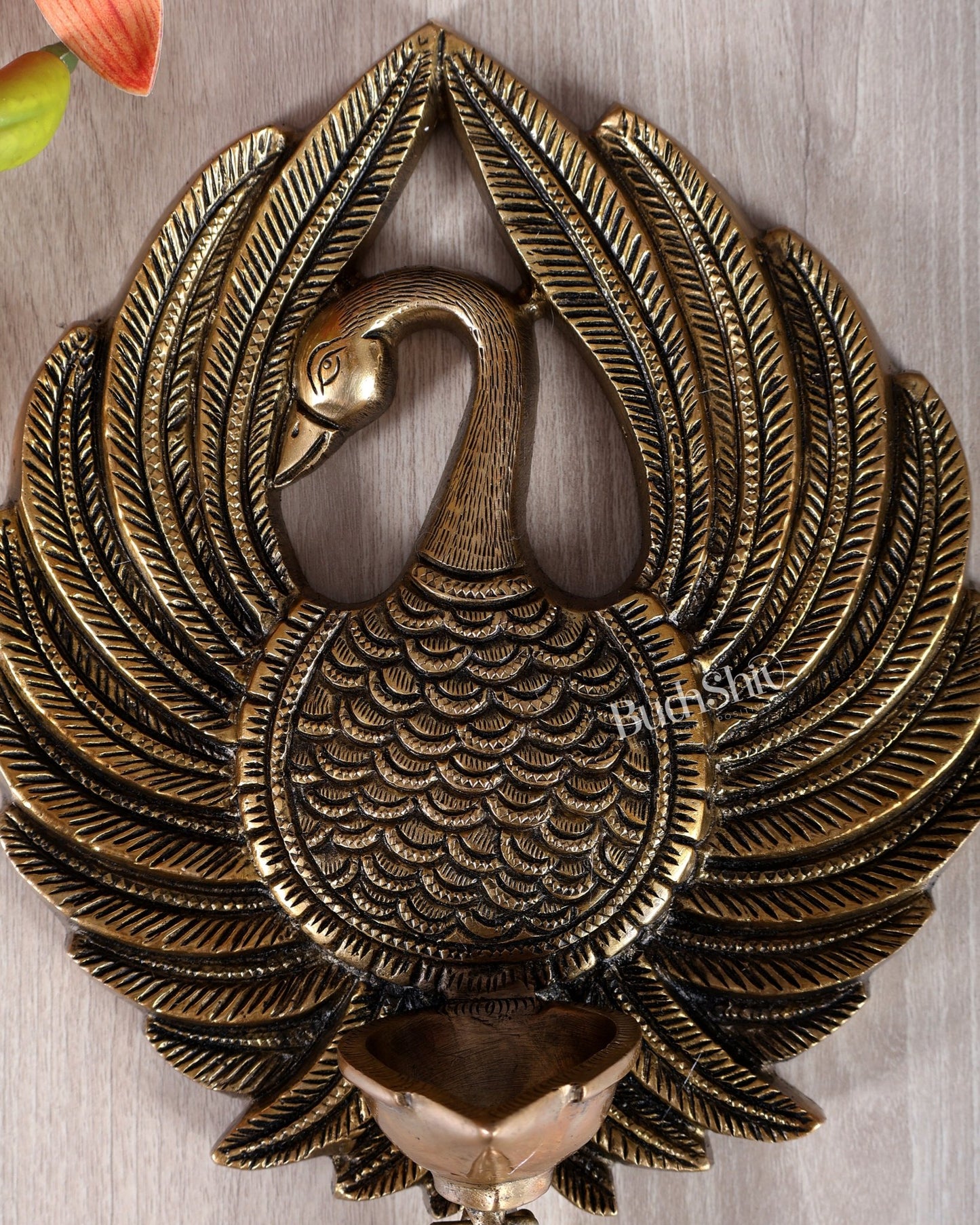 Brass Unique Peacock Wall Hanging Diya with Open Wings – Decorative Oil Lamp (9 Inches) - Budhshiv.com