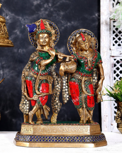 Brass Unique Radha Krishna Statue with Meenakari Stonework 12 inch - Budhshiv.com