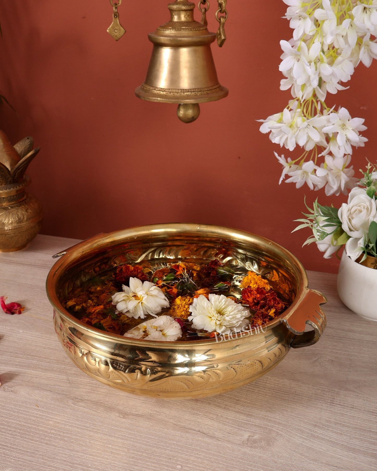 Brass Urli Bowl – Glossy Finish Lightweight Decorative Urli (12 Inches Width) - Budhshiv.com