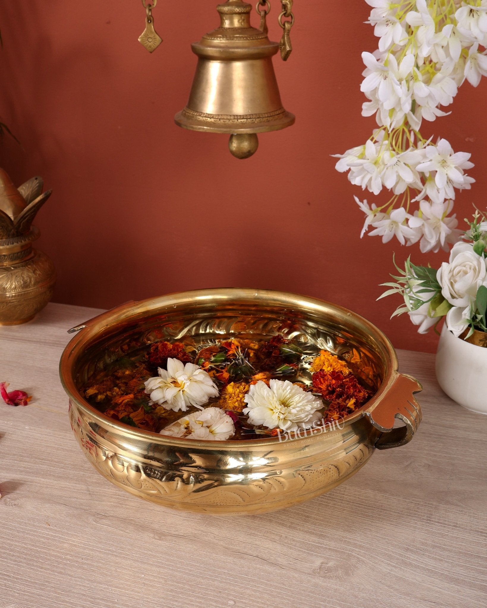 Brass Urli Bowl – Glossy Finish Lightweight Decorative Urli (12 Inches Width) - Budhshiv.com