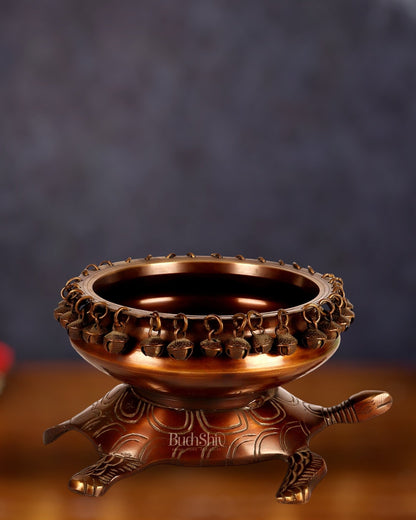 Brass Urli Bowl with Tortoise Base - 8"x10"x5", Matte Chocolate Finish - Budhshiv.com