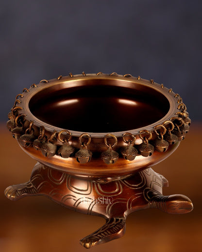 Brass Urli Bowl with Tortoise Base - 8"x10"x5", Matte Chocolate Finish - Budhshiv.com