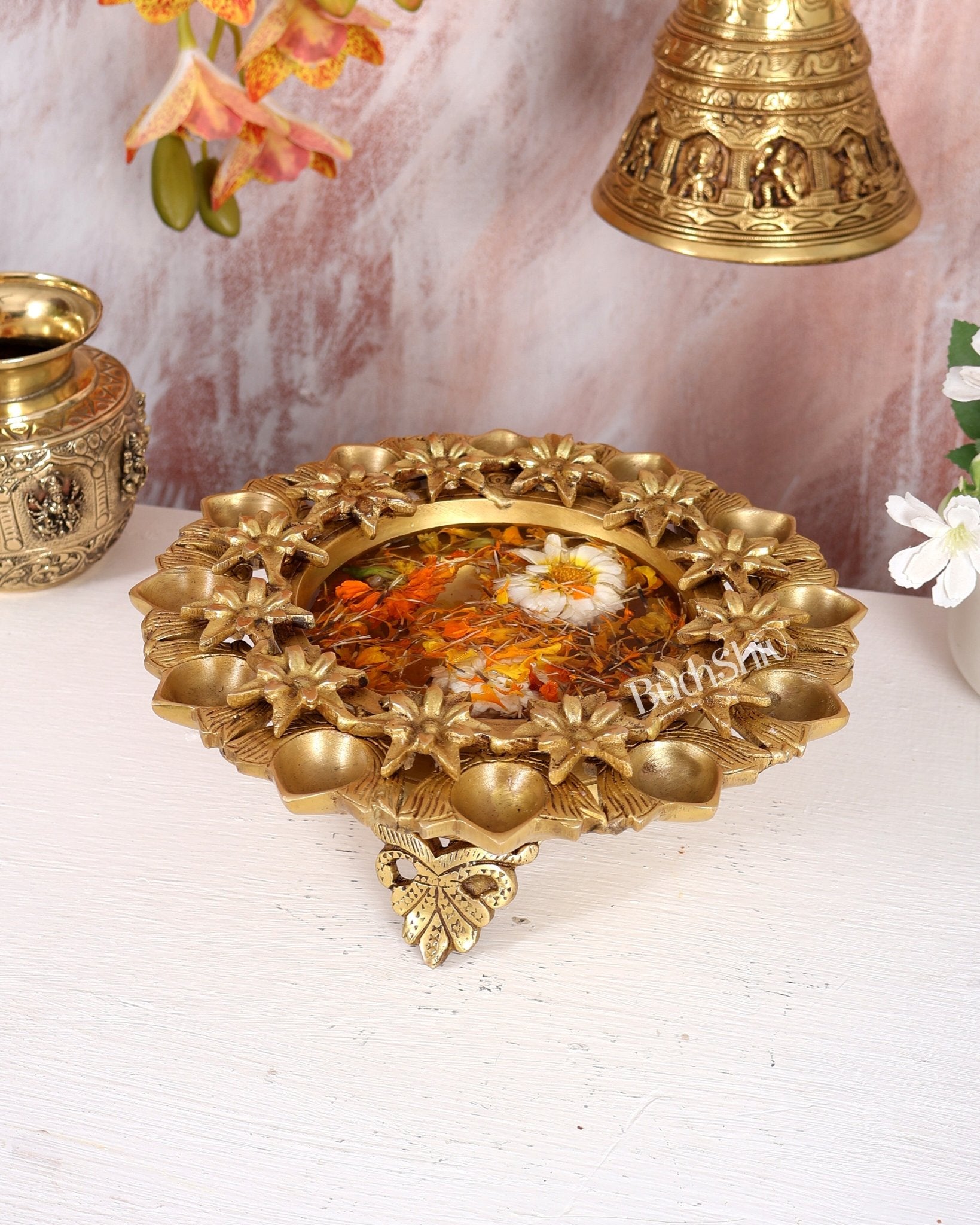 Brass Urli with Diyas – Floral Design Decorative Bowl for Floating Candles (9 Inches) - Budhshiv.com