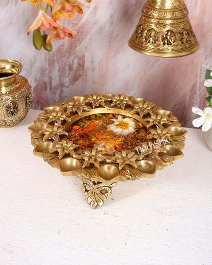Brass Urli with Diyas – Floral Design Decorative Bowl for Floating Candles (9 Inches) - Budhshiv.com