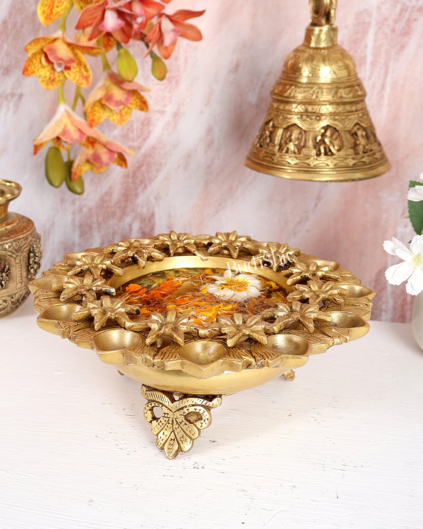 Brass Urli with Diyas – Floral Design Decorative Bowl for Floating Candles (9 Inches) - Budhshiv.com