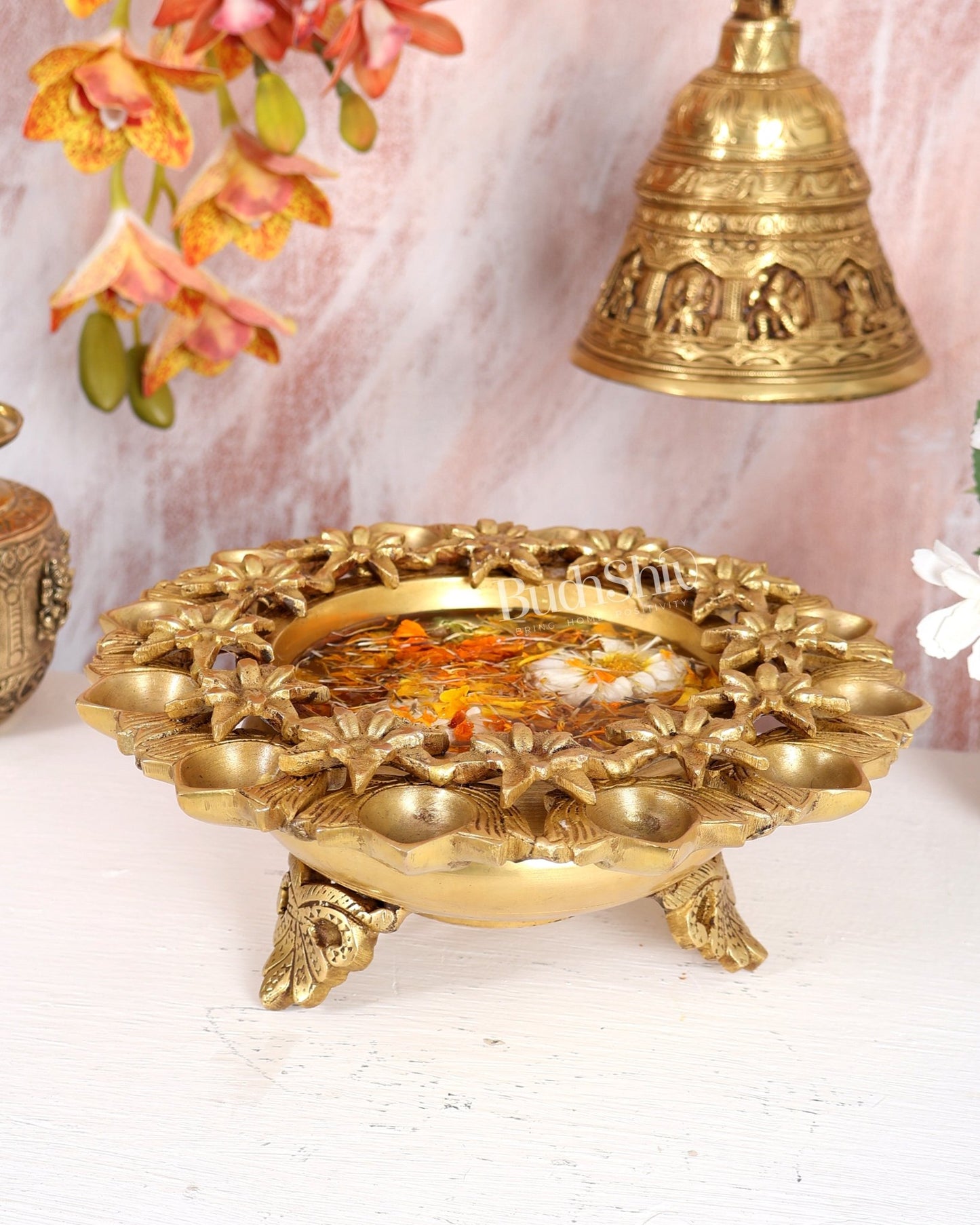 Brass Urli with Diyas – Floral Design Decorative Bowl for Floating Candles (9 Inches) - Budhshiv.com
