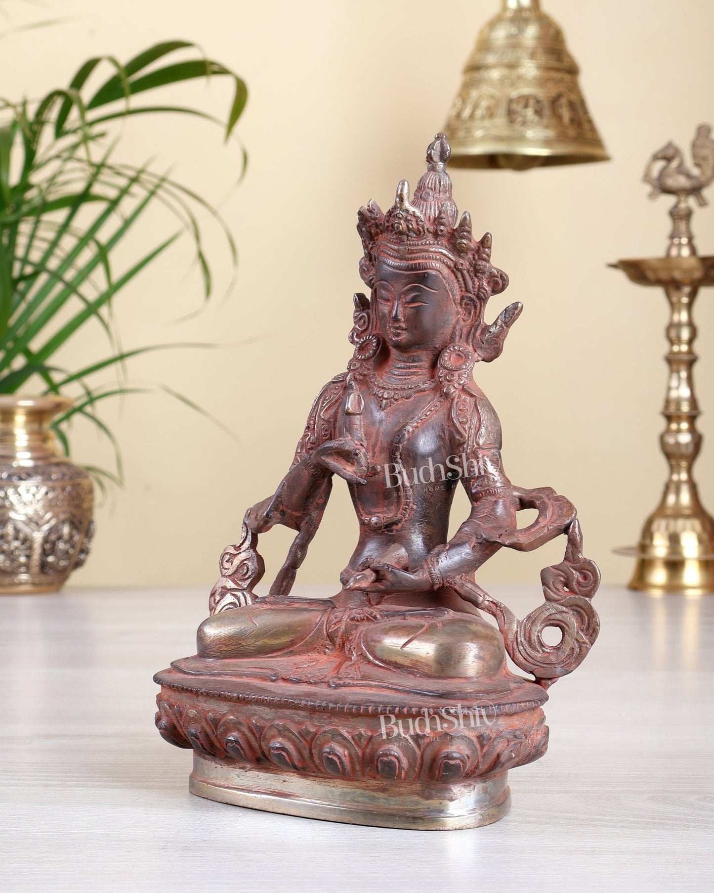 Brass Vajrasattva Deity Statue – Red Sand Antique Finish Buddhist Sculpture 8.75 inch - Budhshiv.com