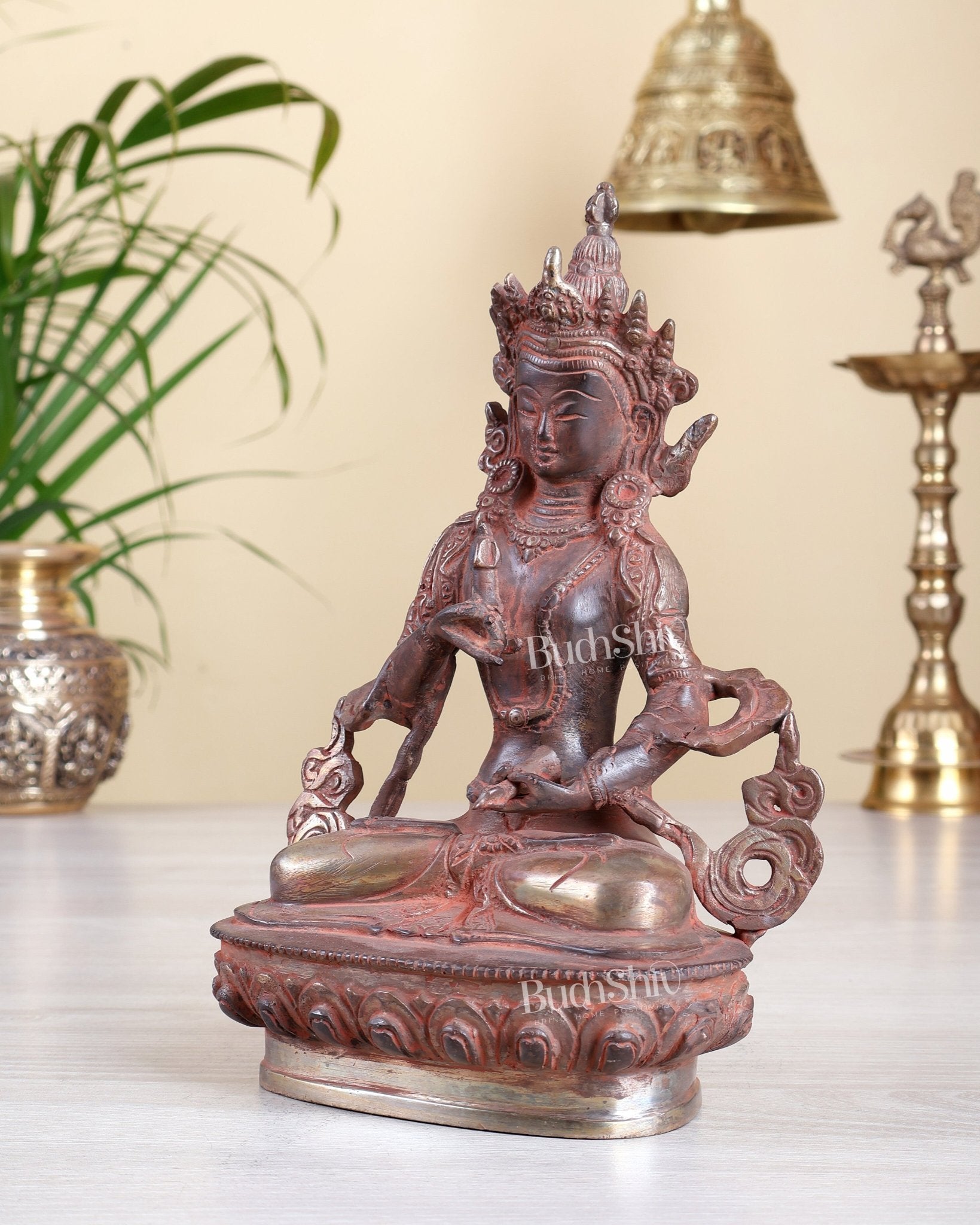 Brass Vajrasattva Deity Statue – Red Sand Antique Finish Buddhist Sculpture 8.75 inch - Budhshiv.com