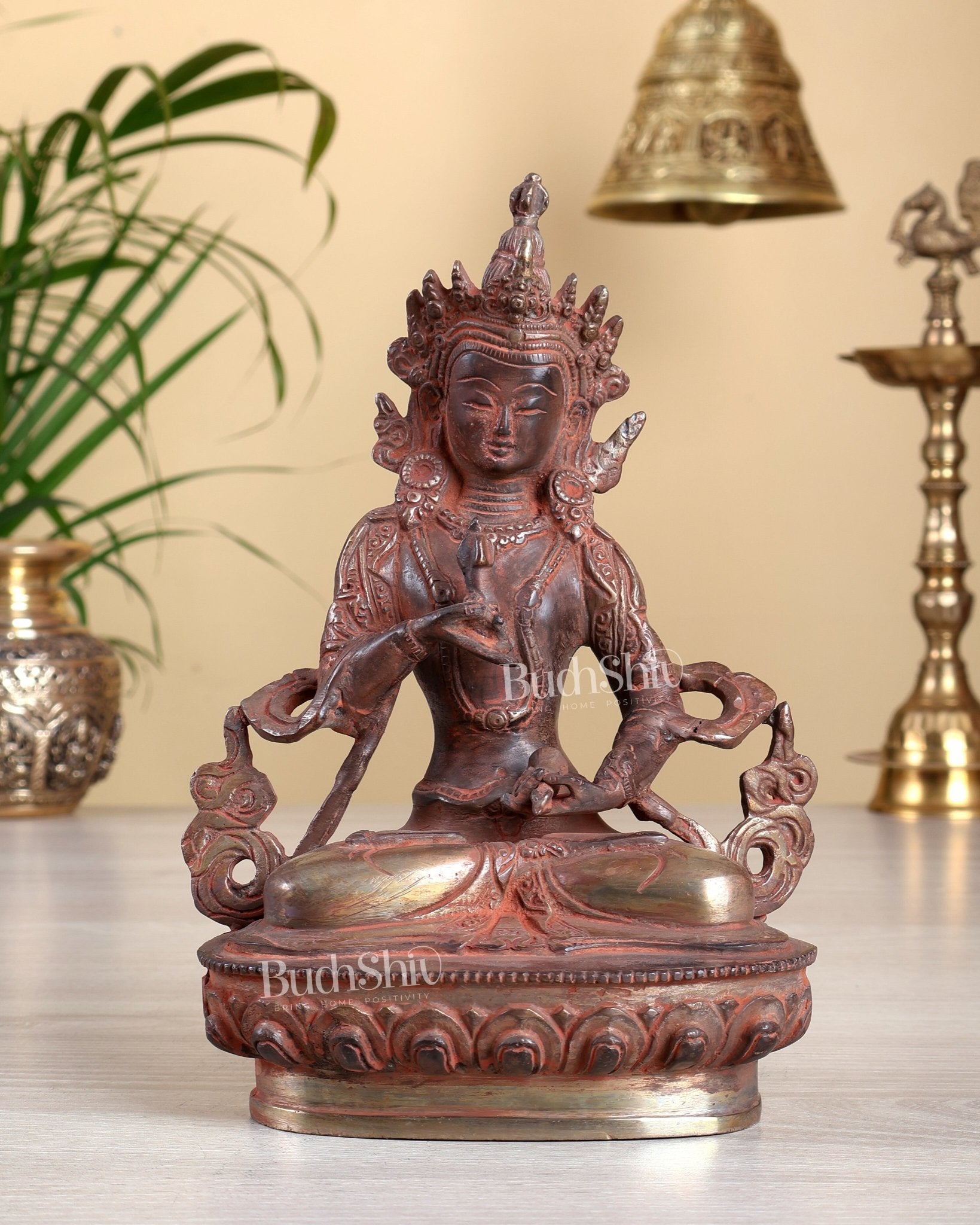 Brass Vajrasattva Deity Statue – Red Sand Antique Finish Buddhist Sculpture 8.75 inch - Budhshiv.com