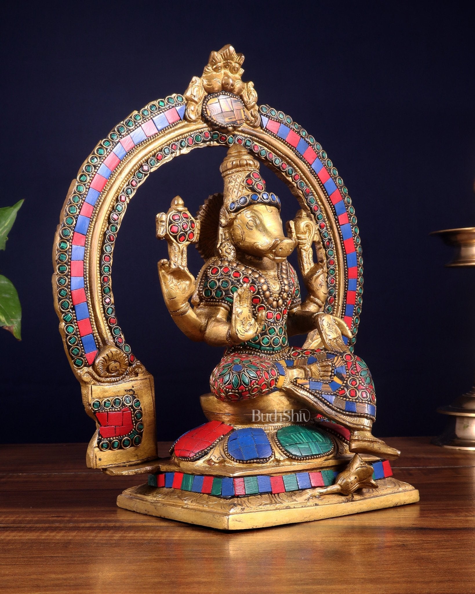 Brass Varahi Amman Statue with Stonework 11 inch - Budhshiv.com