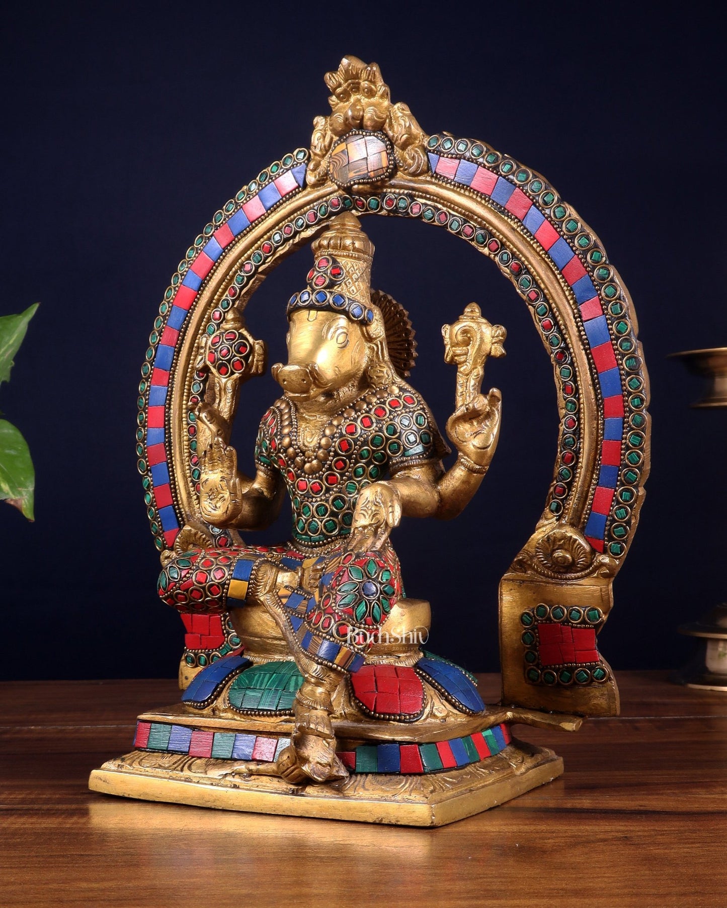 Brass Varahi Amman Statue with Stonework 11 inch - Budhshiv.com
