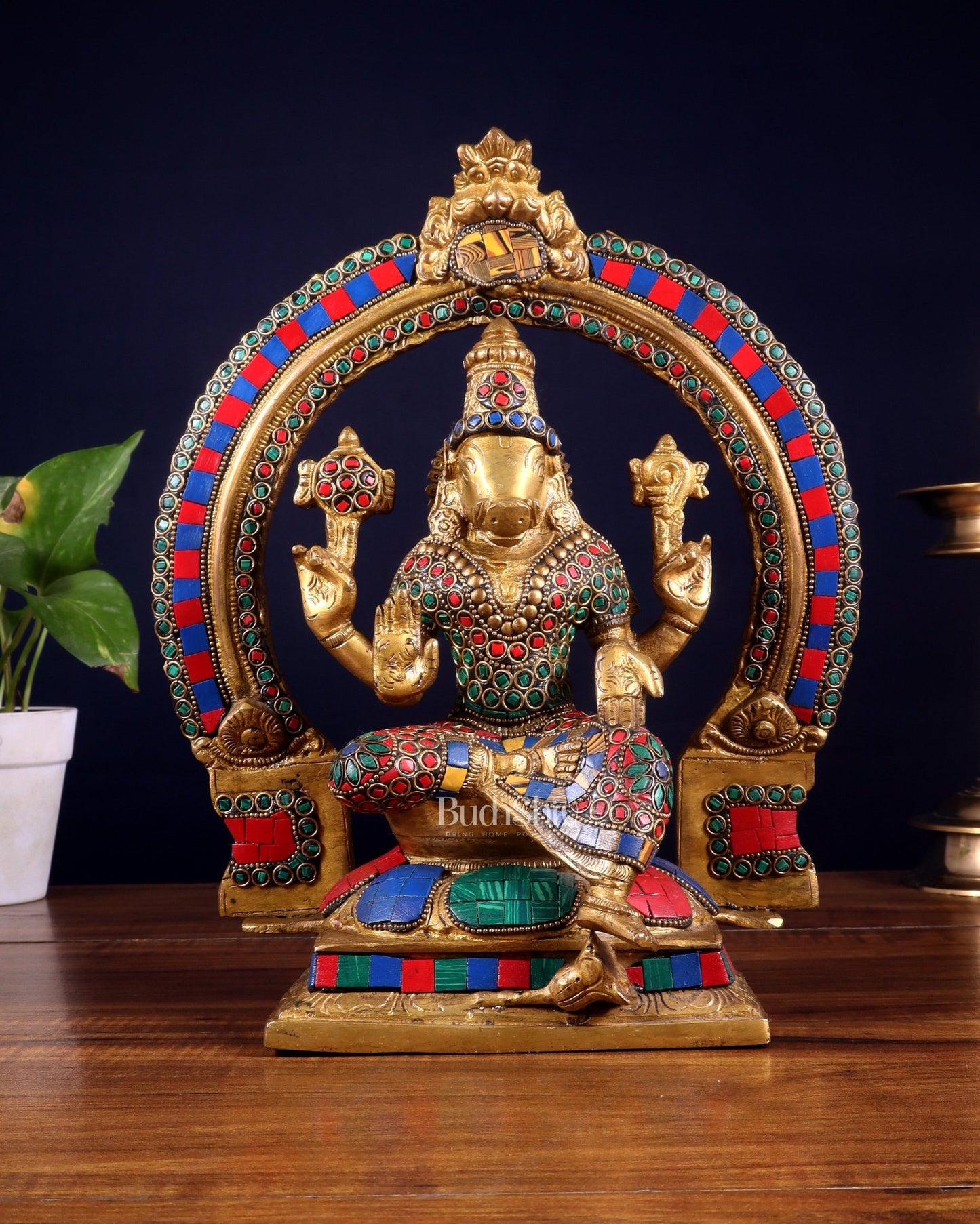 Brass Varahi Amman Statue with Stonework 11 inch - Budhshiv.com