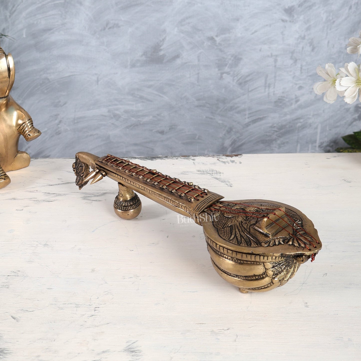 Brass Veena Showpiece | Auspicious Saraswati Instrument Décor 11 inch wide - Budhshiv.com