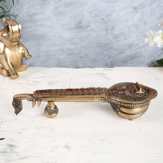 Brass Veena Showpiece | Auspicious Saraswati Instrument Décor 11 inch wide - Budhshiv.com