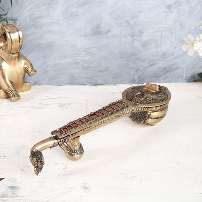 Brass Veena Showpiece | Auspicious Saraswati Instrument Décor 11 inch wide - Budhshiv.com