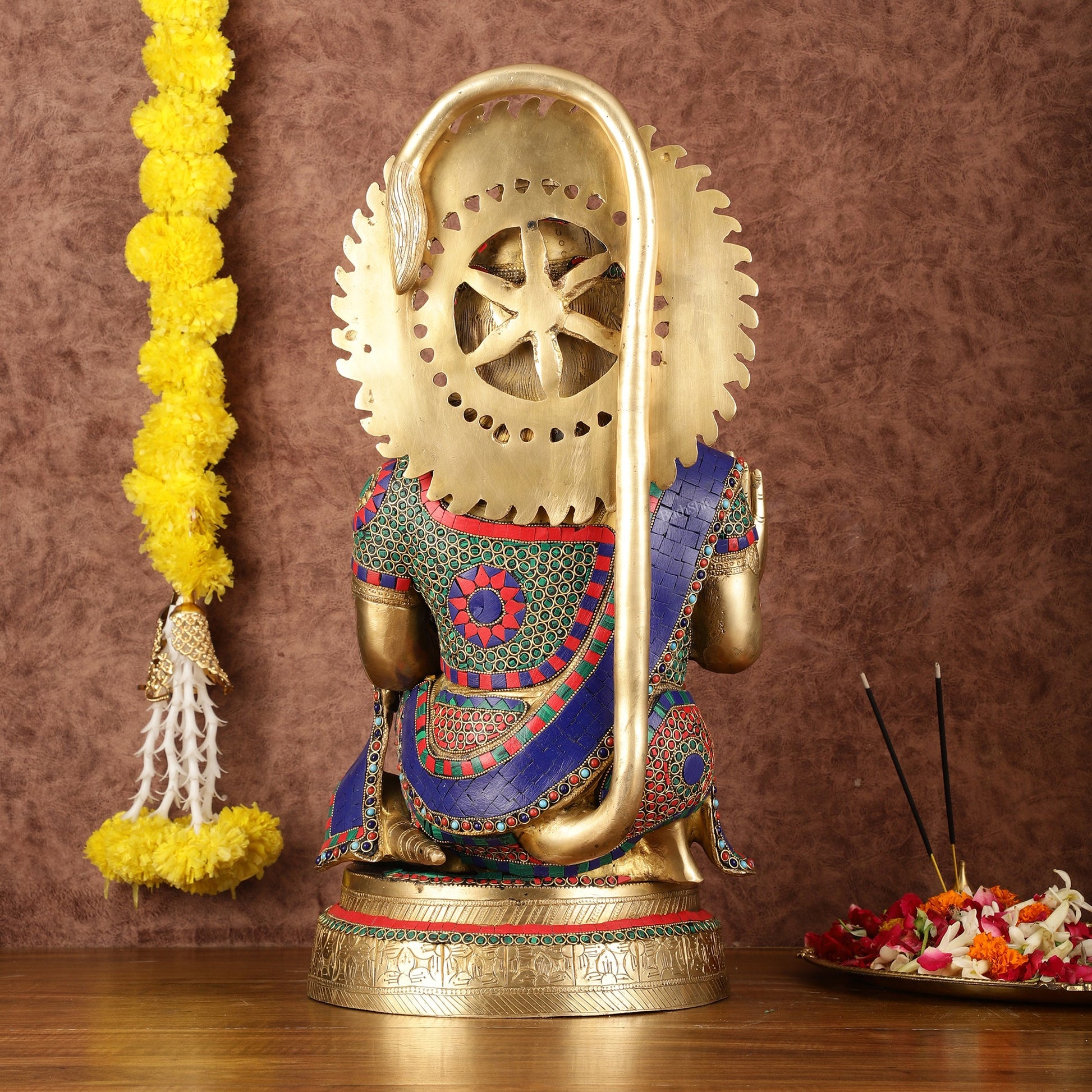 Brass Veer Hanuman Statue with Stonework - 20" - Budhshiv.com