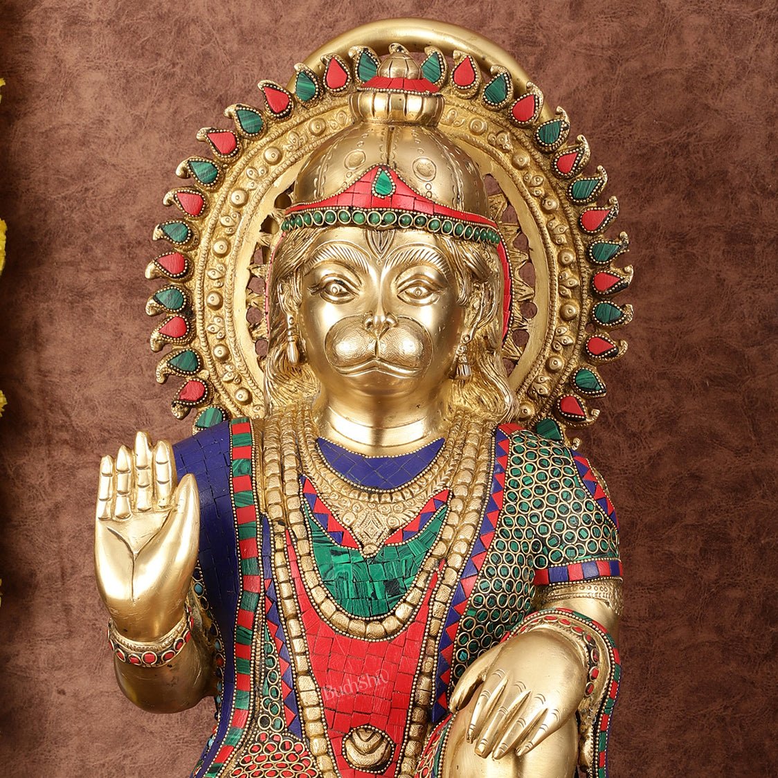 Brass Veer Hanuman Statue with Stonework - 20" - Budhshiv.com