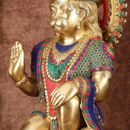 Brass Veer Hanuman Statue with Stonework - 20" - Budhshiv.com