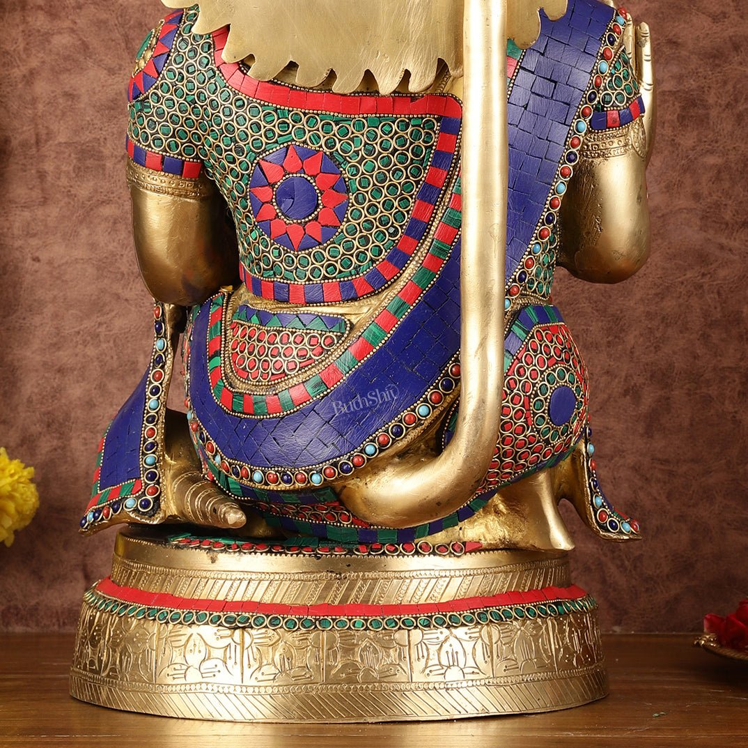 Brass Veer Hanuman Statue with Stonework - 20" - Budhshiv.com